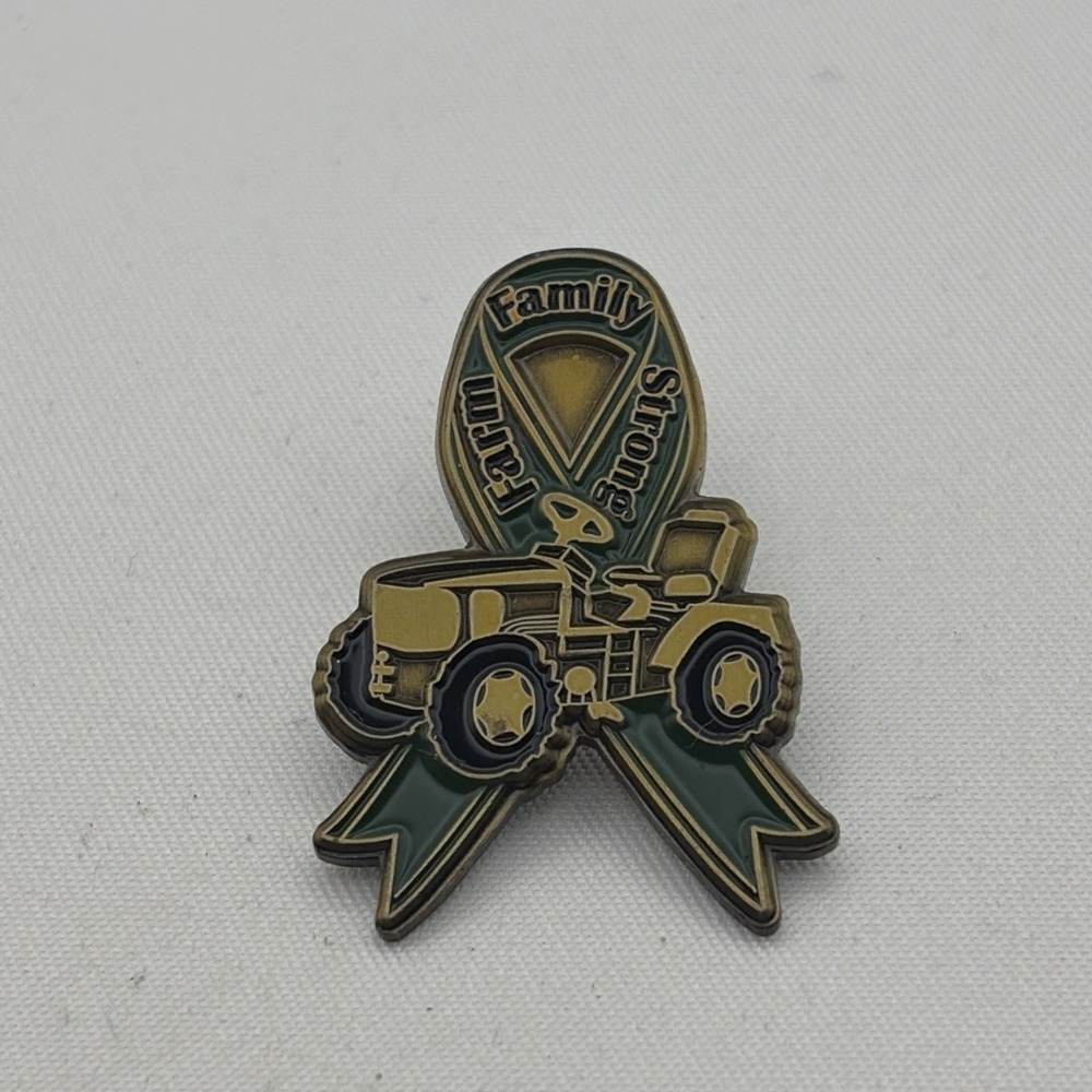 Farm Family Strong Green Ribbon Tractor Mower Lapel Hat Pin Crown Awards